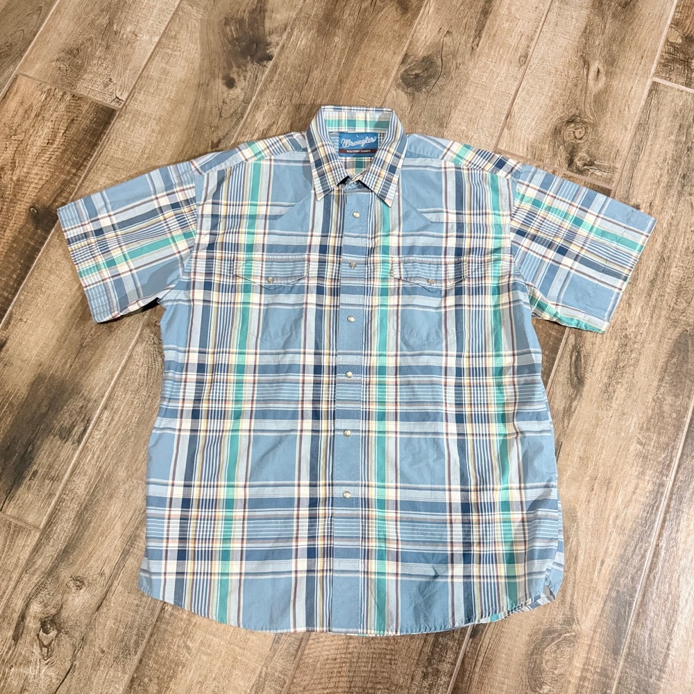 Wrangler Mens Vintage Western Plaid Pearl Snap SS Shirt, Blue,L